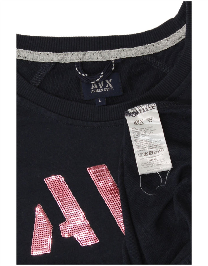 Avirex Dame Grafisk Sweatshirt Jumper UK 14 Stor Marineblå Bomuld