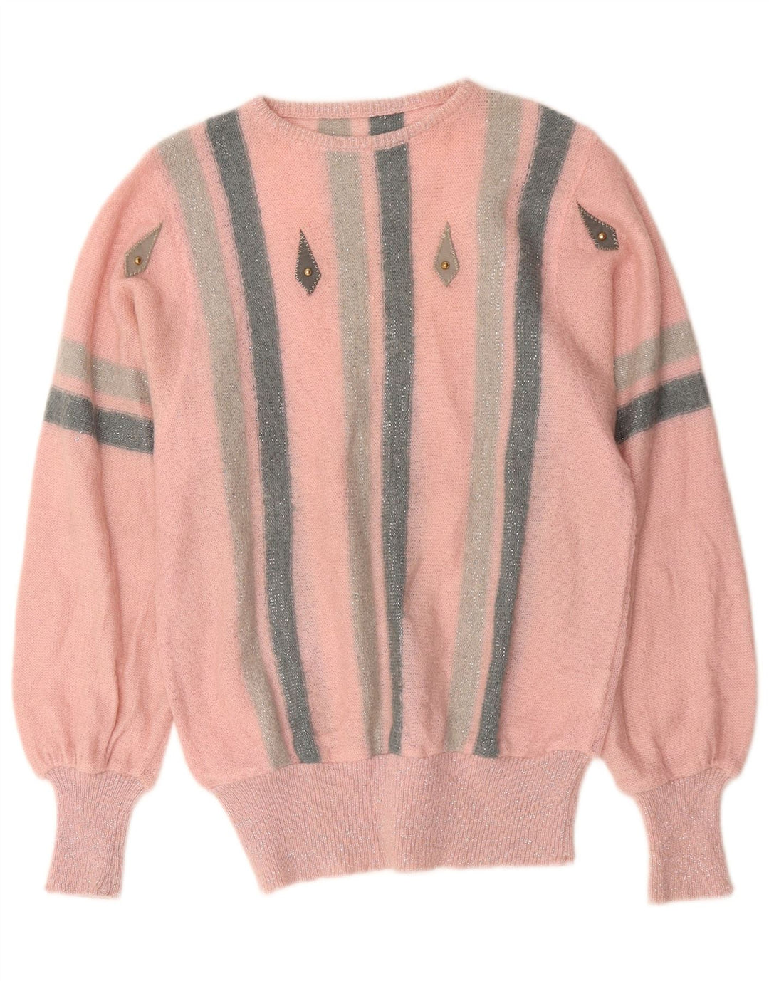 Vintage dame sweater med rund hals, UK 14 Medium Pink stribet