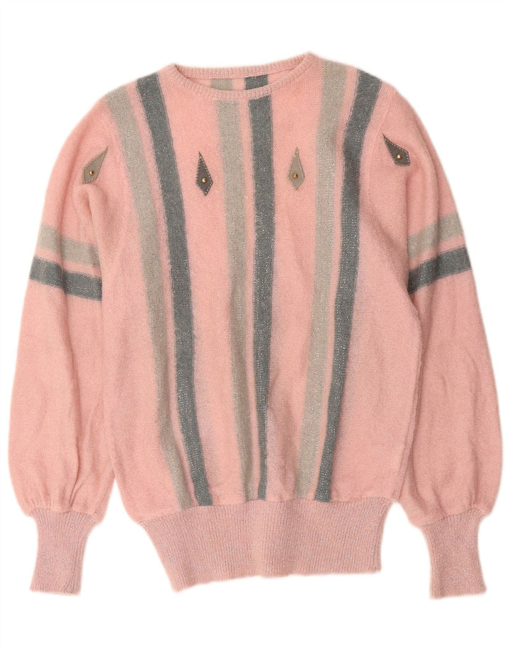 Vintage dame sweater med rund hals, UK 14 Medium Pink stribet