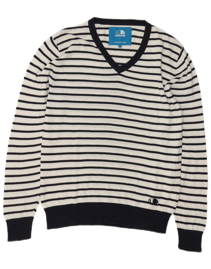 Americanino Herre V-hals sweater Medium hvid stribet bomuld