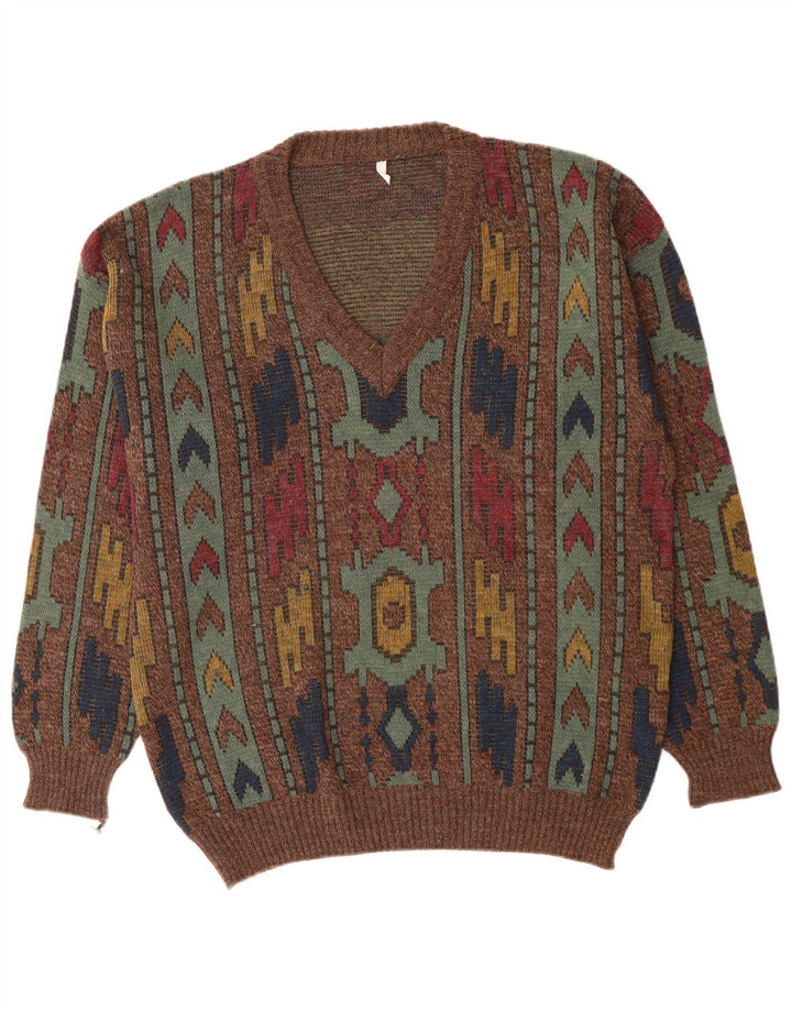VINTAGE Herre V-hals sweater IT 50 Medium Brun Geometrisk