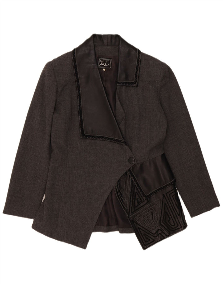 Vintage Dame 1 Knap Blazer Jakke IT 46 Stor Grå Geometrisk Uld