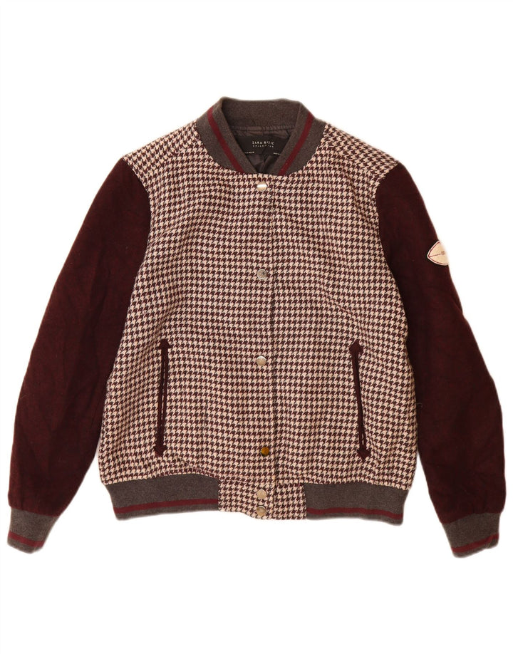 Zara Womens Varsity Jacket UK 14 Medium Brown Houndstooth Akryl