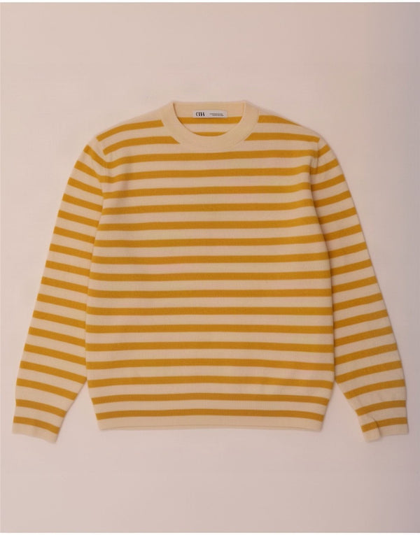 Zara sweater med rund hals til kvinder UK 14 Medium gul stribet polyamid