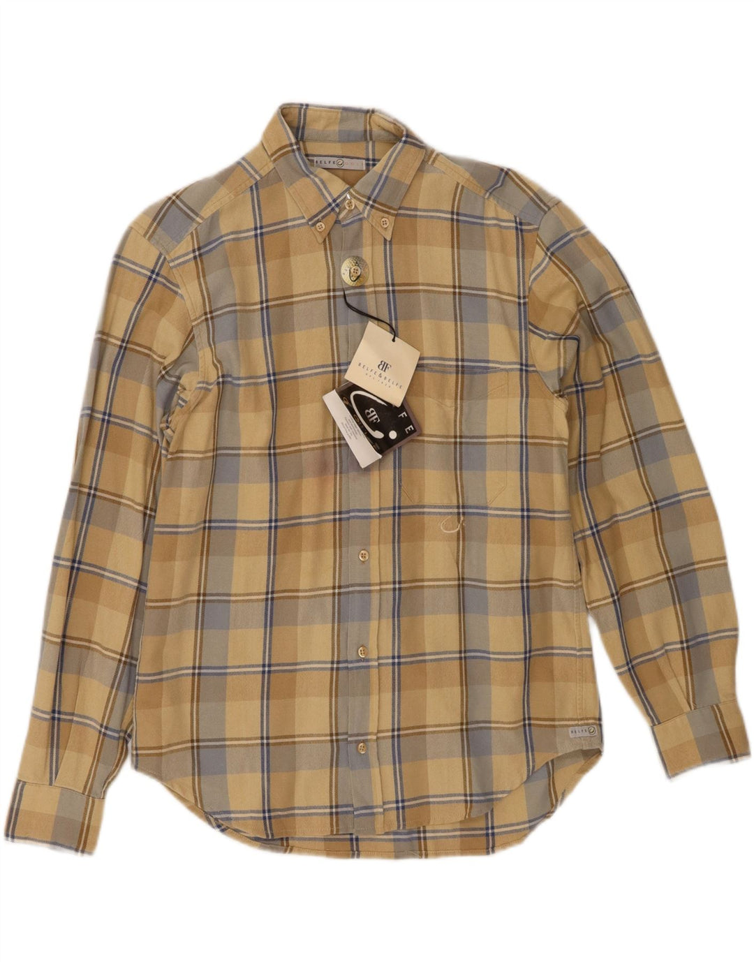 BELFE Mens Shirt Medium Beige Check Cotton Vintage Belfe and Second-Hand Belfe from Messina Hembry 
