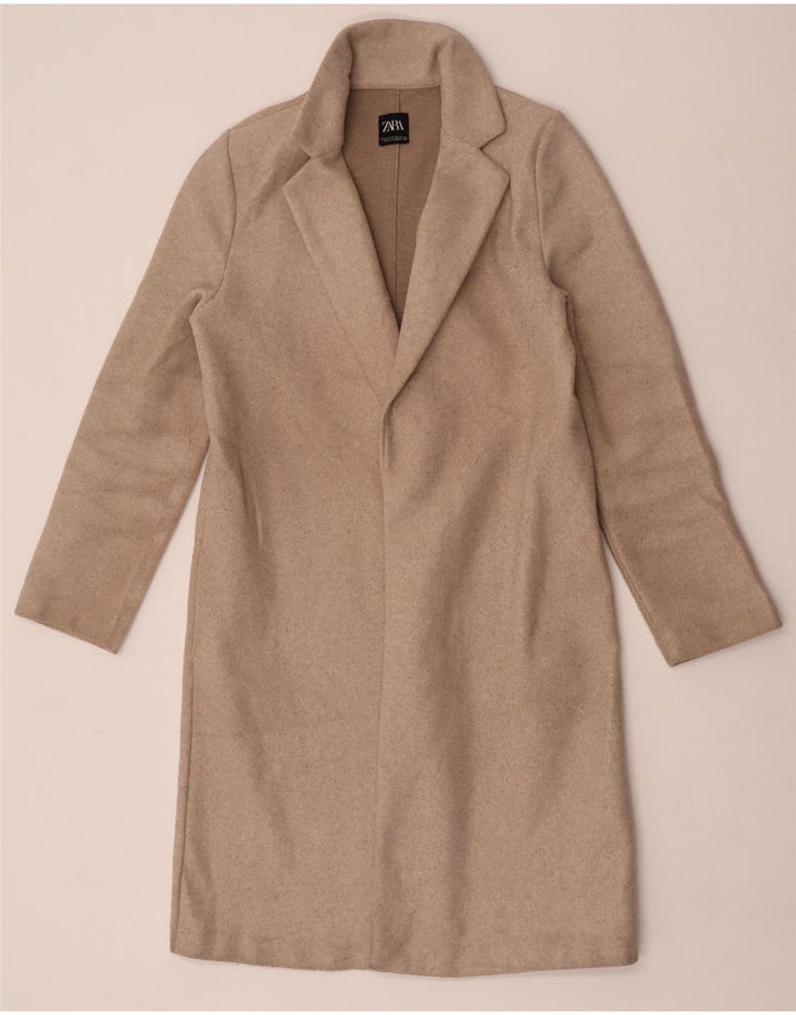 Zara Dame Overfrakke UK 12 Medium Beige Polyester