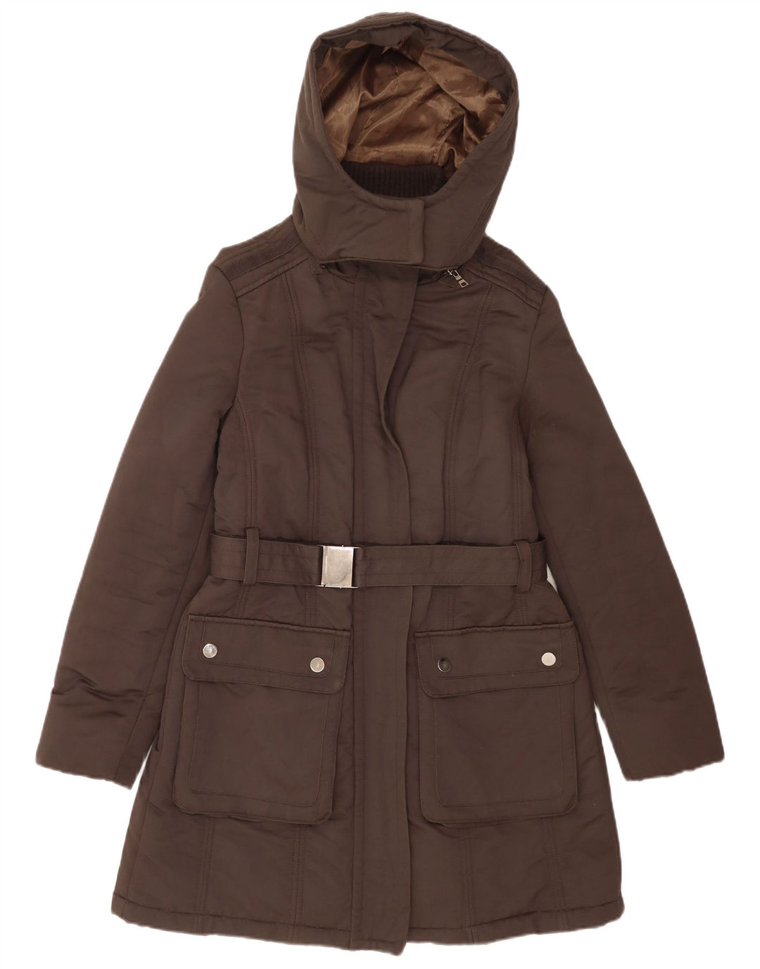 Zara Dame Hooded Parka Jacket UK 16 Stor Brun Bomuld