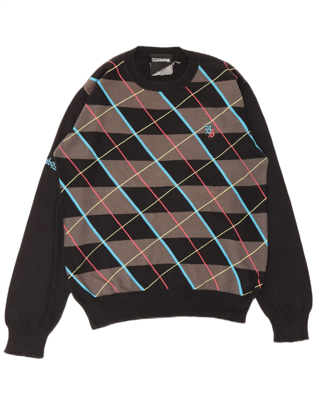 BILLABONG Herre Crew Neck trøje Sweater Small Black Argyle/Diamond Bomuld