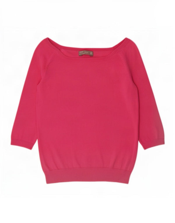 Zara Dame 3/4-ærmet Bådhals sweater UK 12 Stor Pink Bomuld