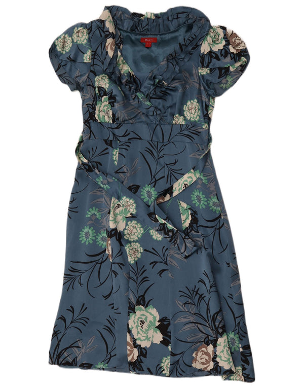 Monsoon Womens Ruffle Front A-Line Dress UK 12 Medium Blue Floral Silk