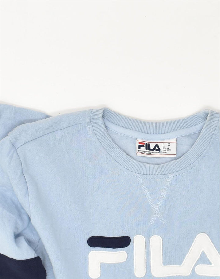 FILA Womens Graphic Sweatshirt Jumper UK 14 Medium Blue Cotton | Vintage Fila | Thrift | Second-Hand Fila | Used Clothing | Messina Hembry 