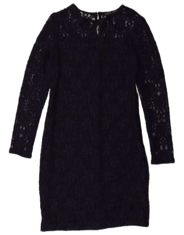 Zara Dame Langærmet Blonde Skede Kjole UK 14 Large Navy Blue Floral