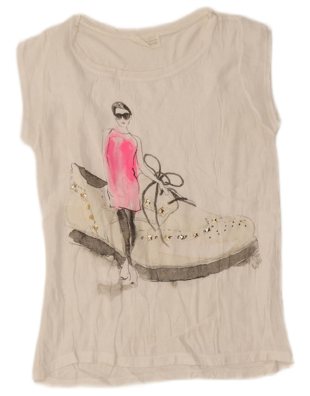 Zara Dame Grafisk T-Shirt Top UK 10 Small White