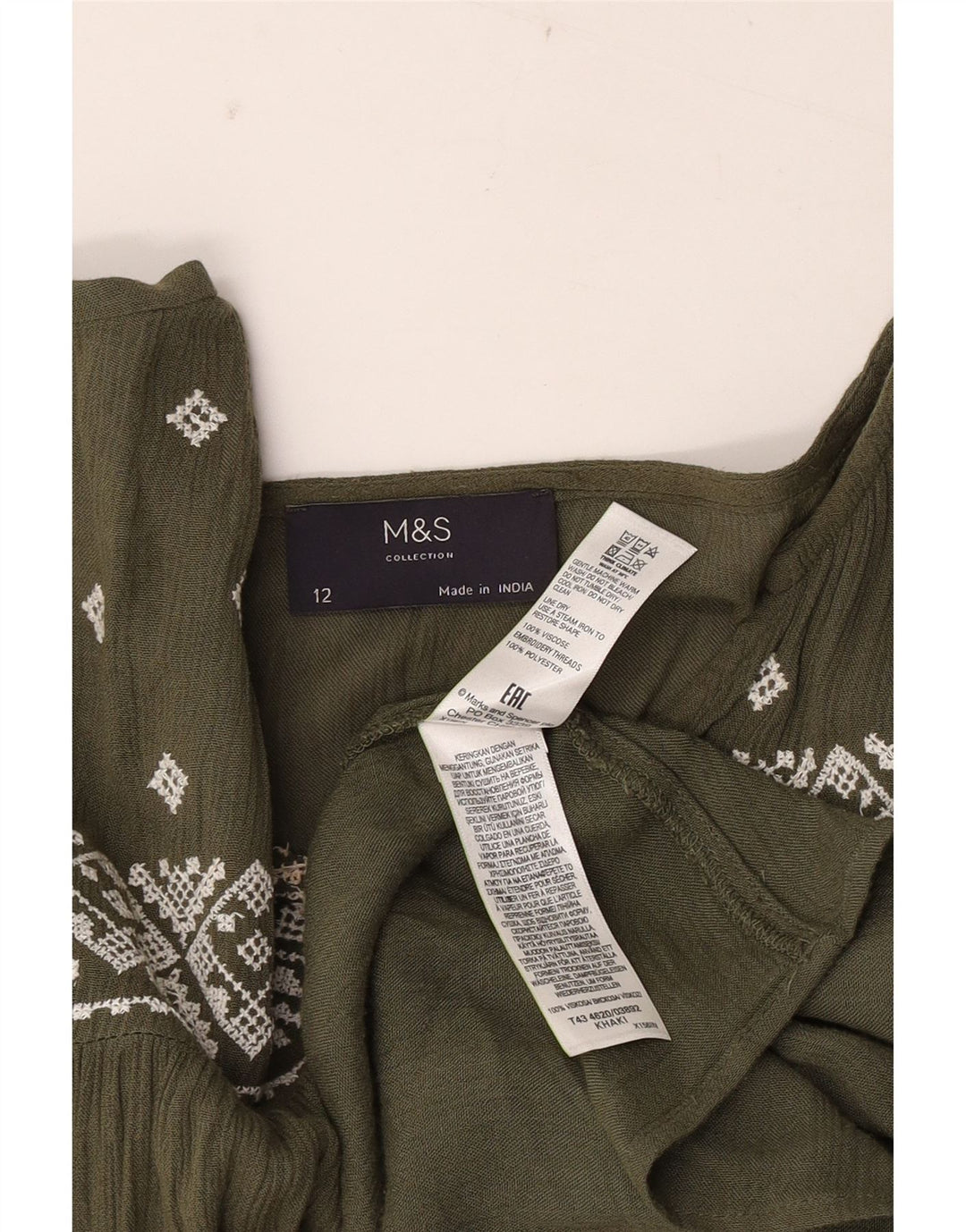 Marks & Spencer Dame Langærmet Bluse Top UK 12 Medium Khaki Geometric