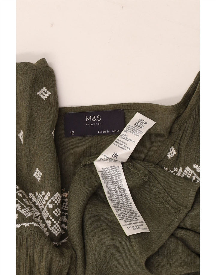 Marks & Spencer Dame Langærmet Bluse Top UK 12 Medium Khaki Geometric