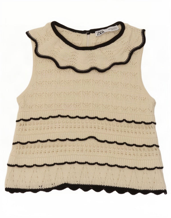 Zara Womens Crop Ærmeløs strik bluse Top UK 12 Medium Off White Stribet