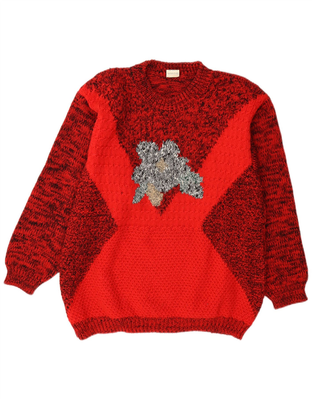 Vintage Dame grafisk rund hals sweater UK 14 Medium Rød Flecked