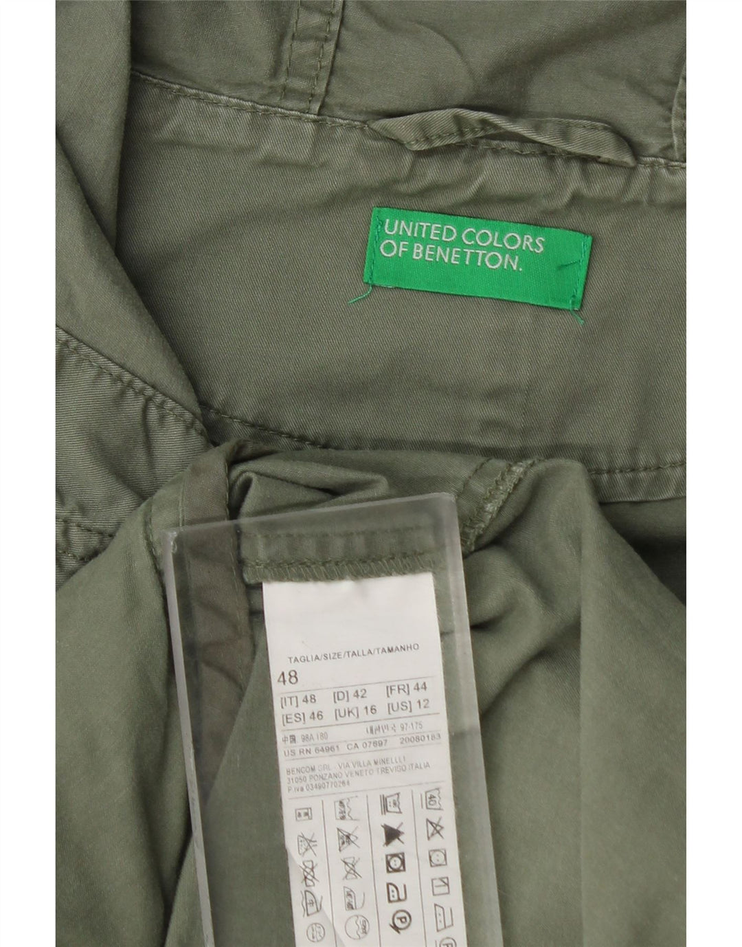 Benetton Dame Hooded Parka Jacket UK 16 Stor Khaki Bomuld
