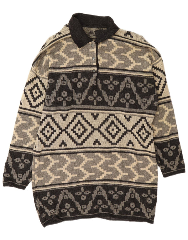 Vintage Dame Langærmet Jumper Kjole UK 18 XL Grå Geometrisk Uld