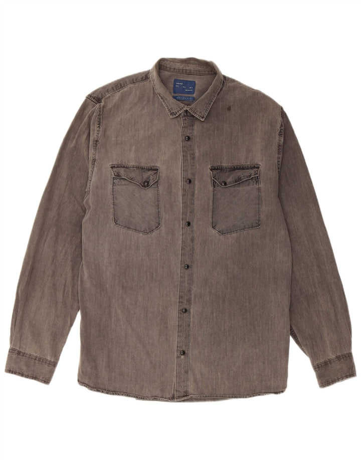 Zara Herre Regular Fit Denim Shirt XL Grå Bomuld