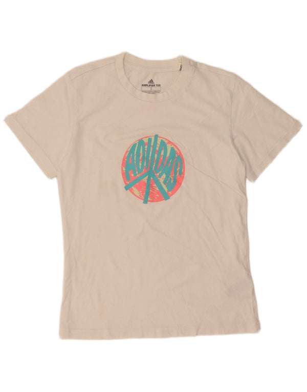 Adidas Dame Grafisk T-Shirt Top UK 10 Small White Bomuld