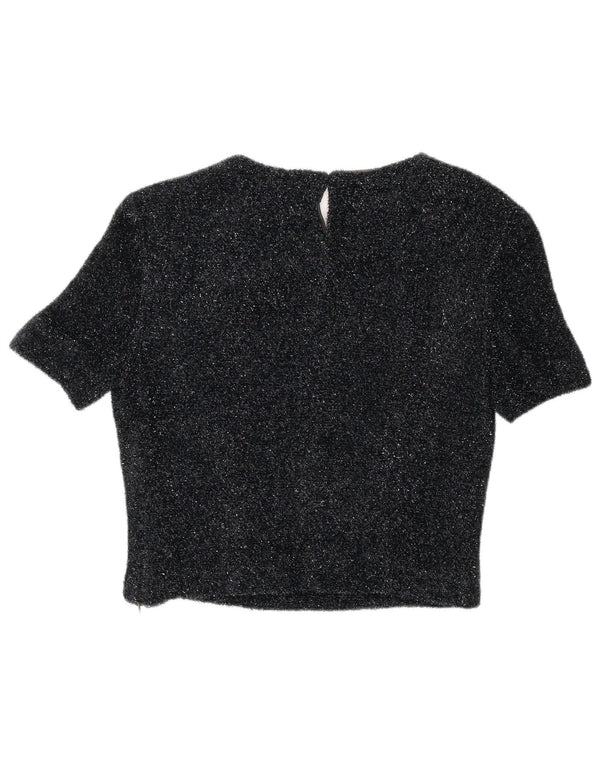 Vintage Womens Crop Bluse Top EU 42 Large Black Flecked Polyester