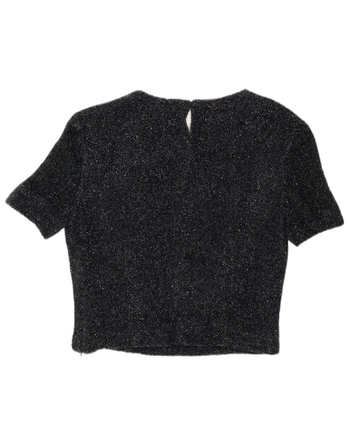 Vintage Womens Crop Bluse Top EU 42 Large Black Flecked Polyester