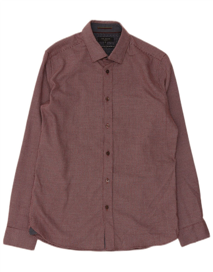 Ted Baker Herre Regular Fit skjorte størrelse 3 Medium Burgundy Geometric Polyester
