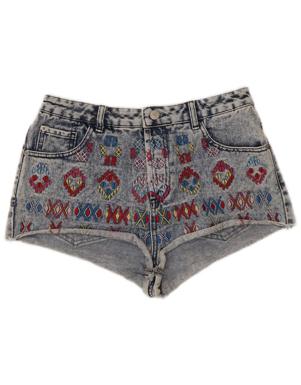 Topshop Dame High Waist Denim Hot Pants UK 12 Medium W30 Blue Geometric