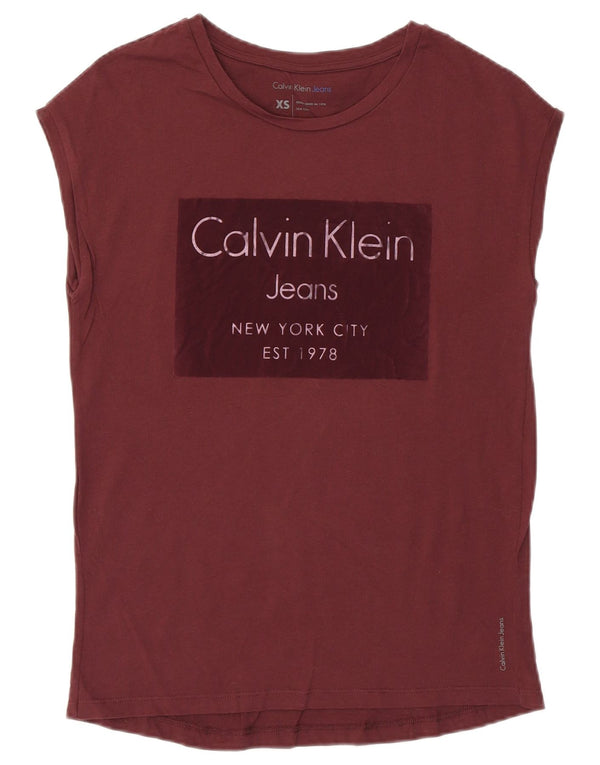 Calvin Klein Dame Grafisk T-Shirt Top UK 6 XS Burgundy