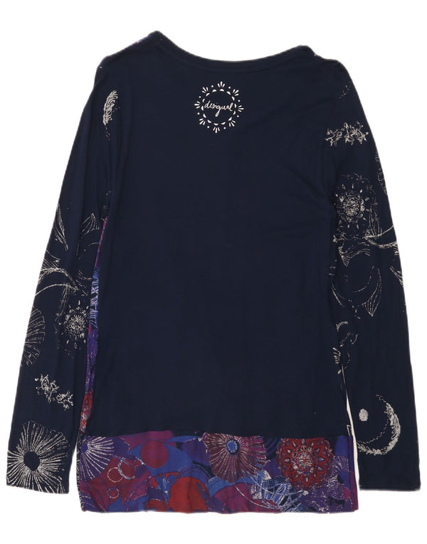 Desigual Dame Langærmet Tunika Top UK 14 Large Navy Blue Floral Viscose