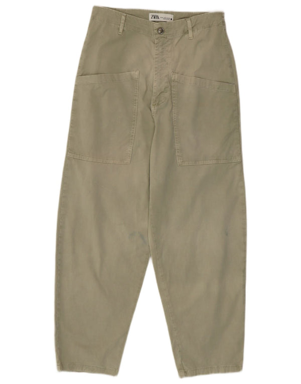 Zara Dame Højtalje Loose Fit Cargo Bukser EU 34 XS W24 L24 Khaki