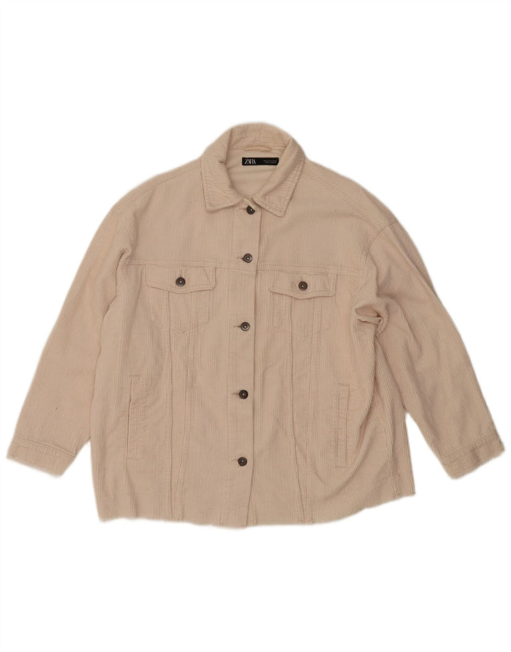 Zara Dame Oversized Corduroy Jacket UK 10 Small Off White Bomuld