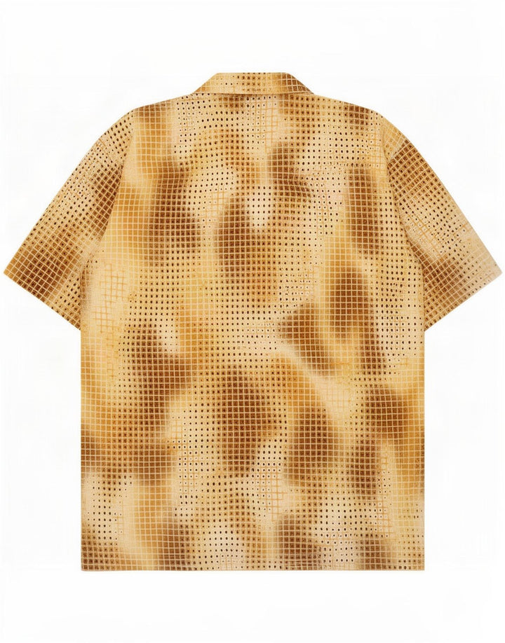 Vintage herre abstrakt mønster skjorte medium brun plettet polyester