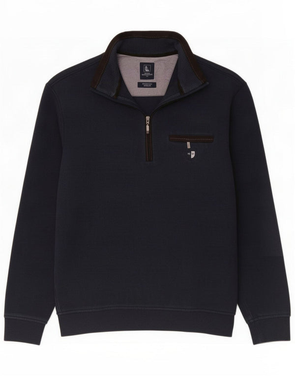 Vintage Mens Zip Neck Jumper Sweater Medium Navy Blue Cotton