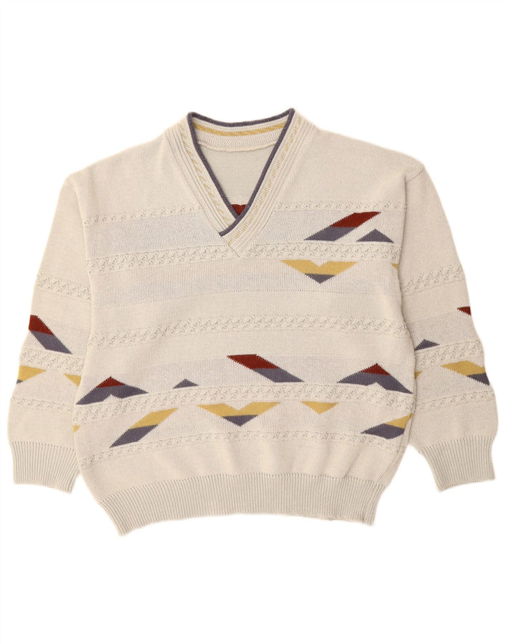 Vintage Herre V-hals sweater XL Hvid Geometrisk