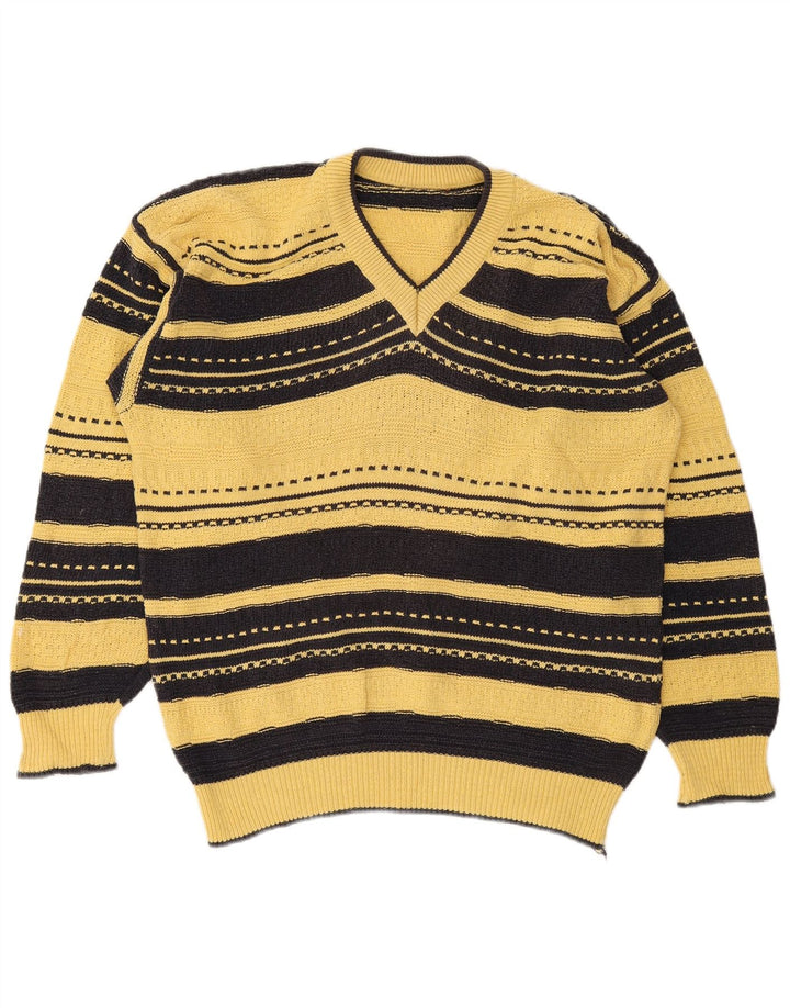 Vintage herre V-hals sweater stor gul stribet
