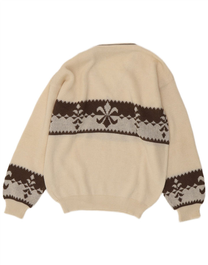 Vintage Herre V-hals sweater Large White Fair Isle Wool