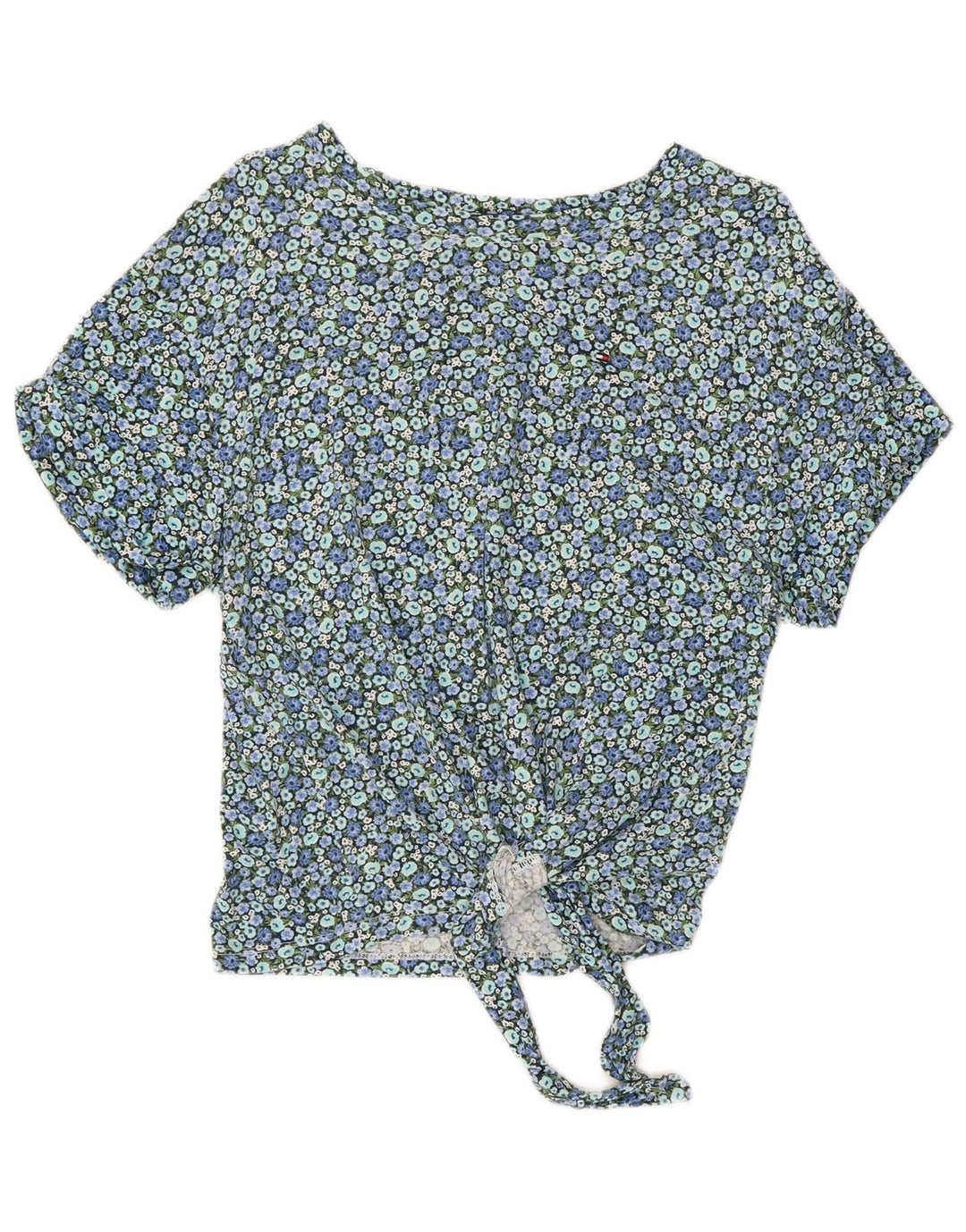 TOMMY HILFIGER Dame Crop Bluse Top UK 10 Small Blue Floral Bomuld