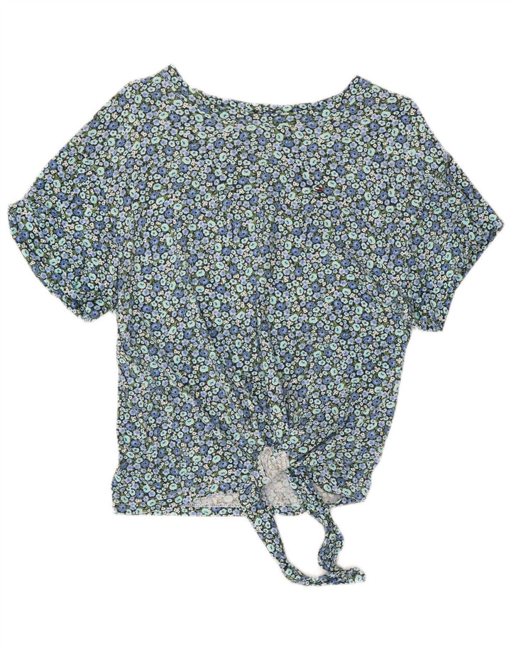 TOMMY HILFIGER Dame Crop Bluse Top UK 10 Small Blue Floral Bomuld