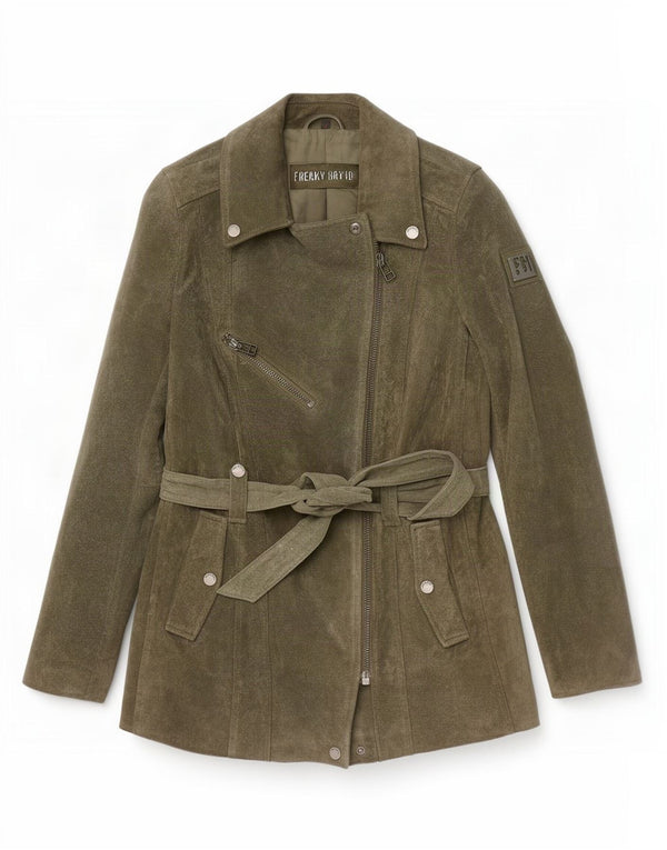 Freaky Nation Dame Ruskind Biker Jacket UK 14 Stor Khaki Læder