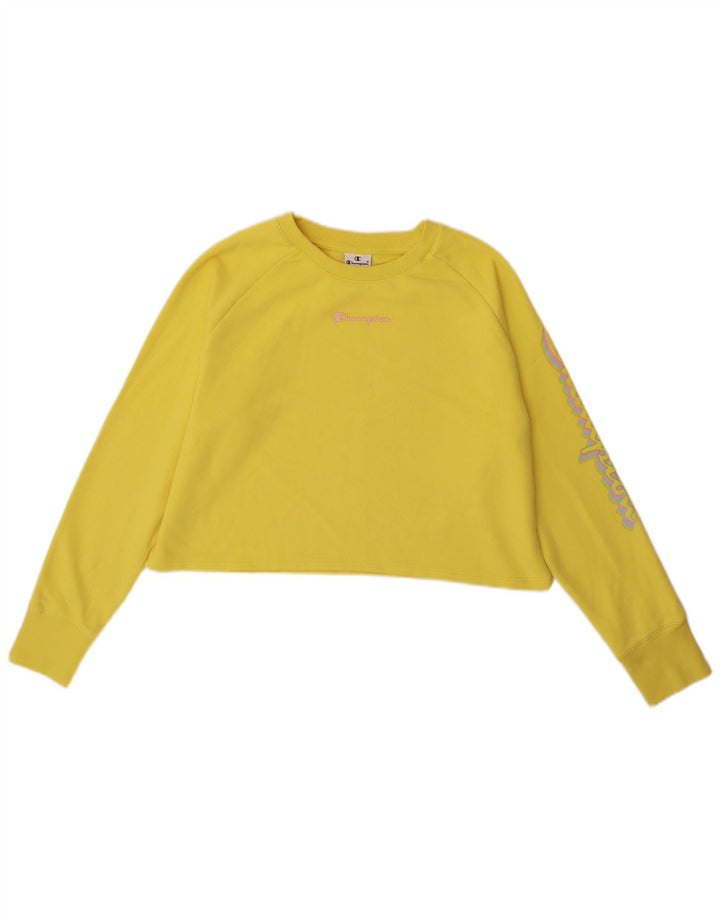 Champion Womens Crop Graphic Sweatshirt Jumper UK 14 Medium Yellow