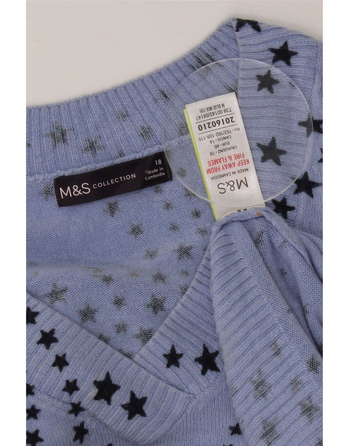 Marks & Spencer Dame abstrakt mønster V-hals sweater UK 18 XL Blå