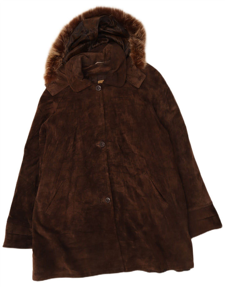 Privilegi Dame Oversized Hætte Ruskind Overfrakke IT 48 XL Brun Læder