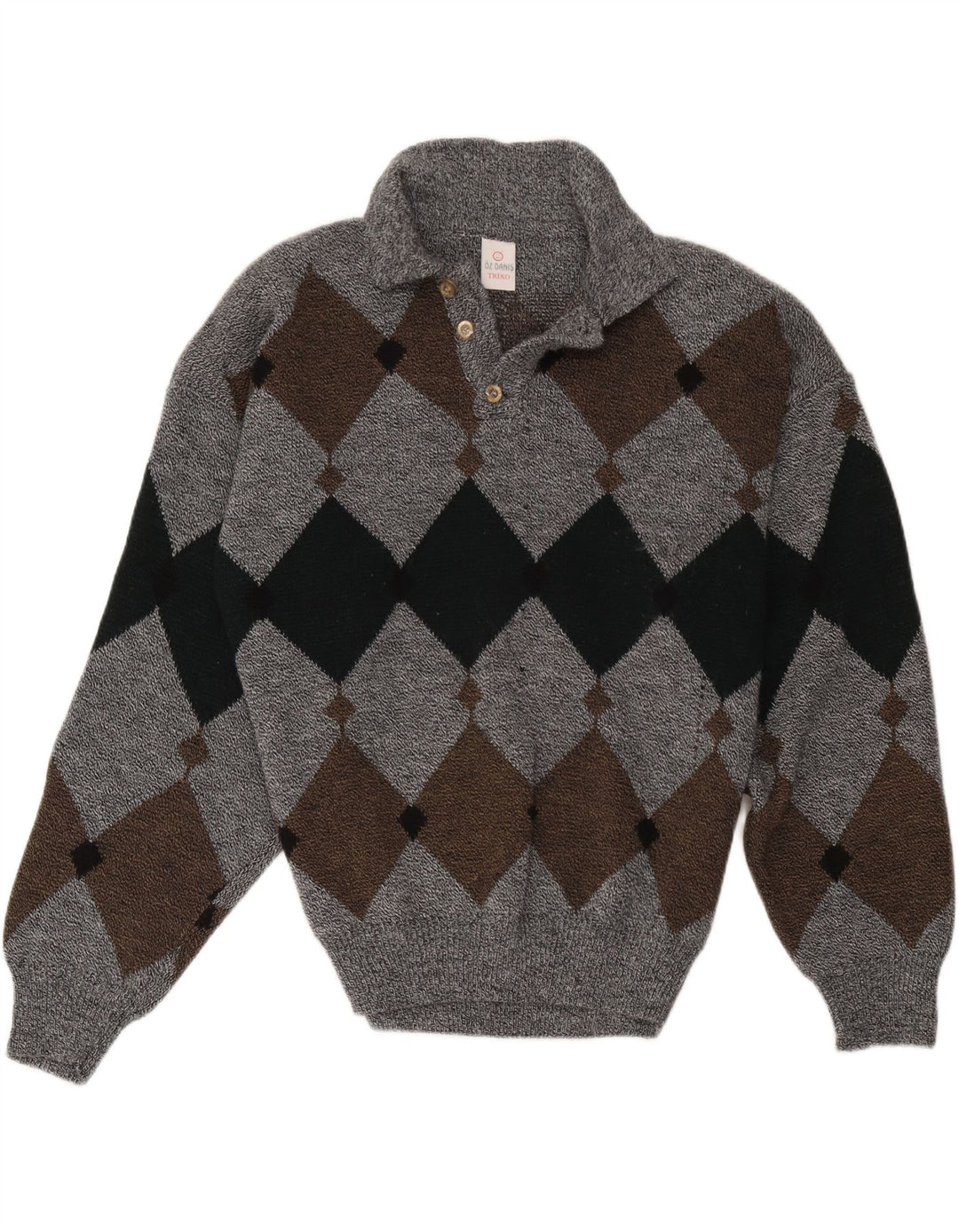 Vintage Herre Polo Neck Jumper Sweater Large Grey Argyle/Diamond