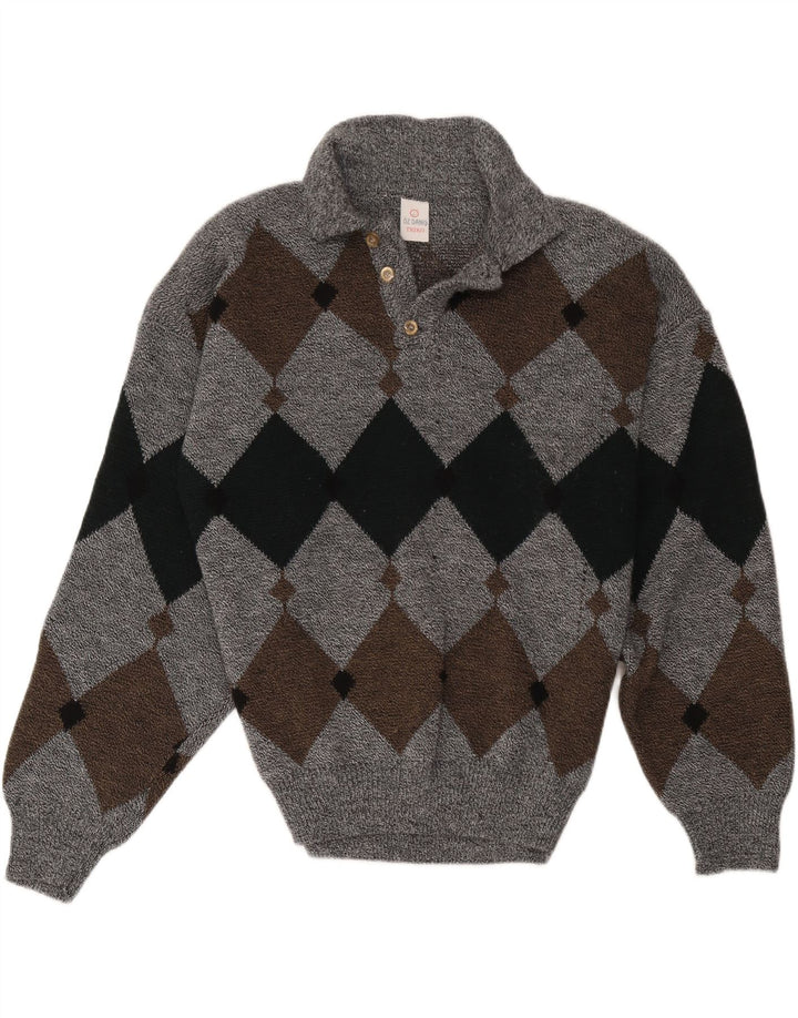 Vintage Herre Polo Neck Jumper Sweater Large Grey Argyle/Diamond