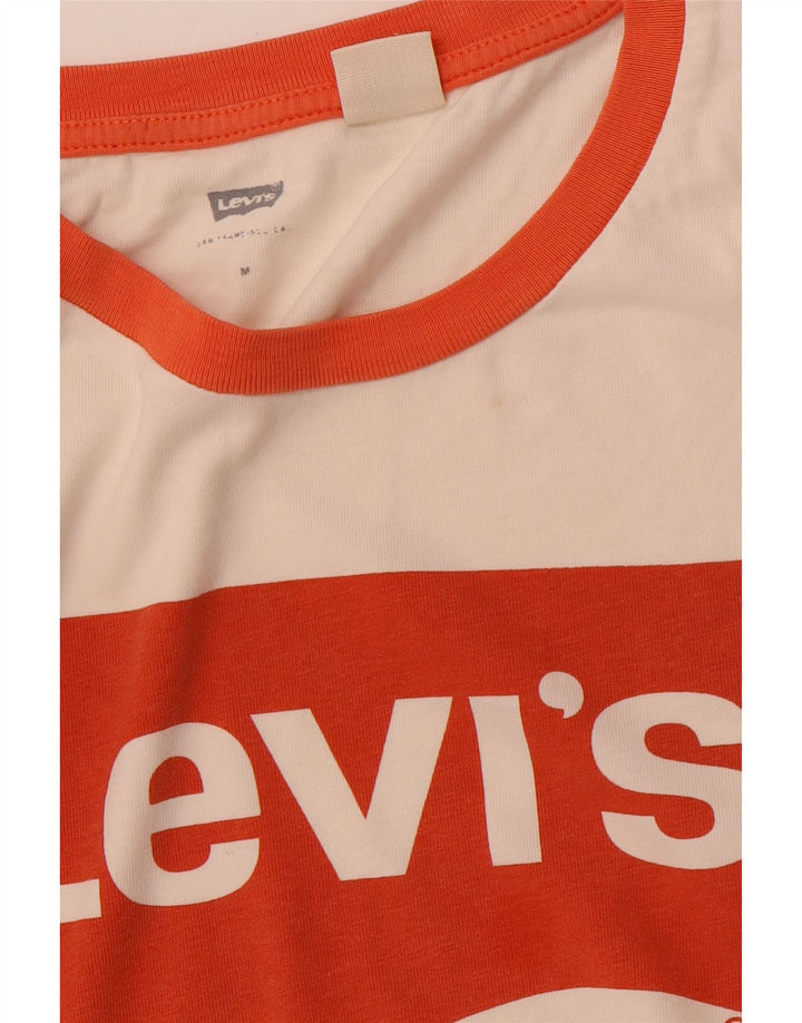 LEVI'S Dame Crop Grafisk T-Shirt Top UK 12 Medium Off White Bomuld