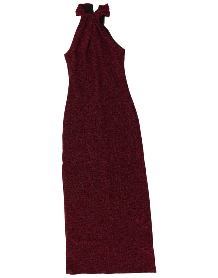 Vintage Dame Maxi Halter Dress UK 8 Small Maroon Flecked Polyester