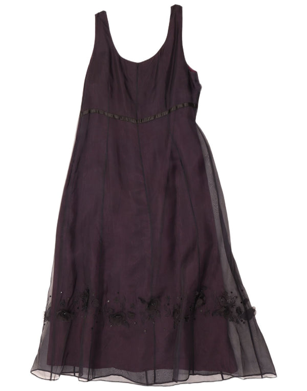 Monsoon Dame Ærmeløs A-Line Kjole UK 16 Large Burgundy Floral Silke