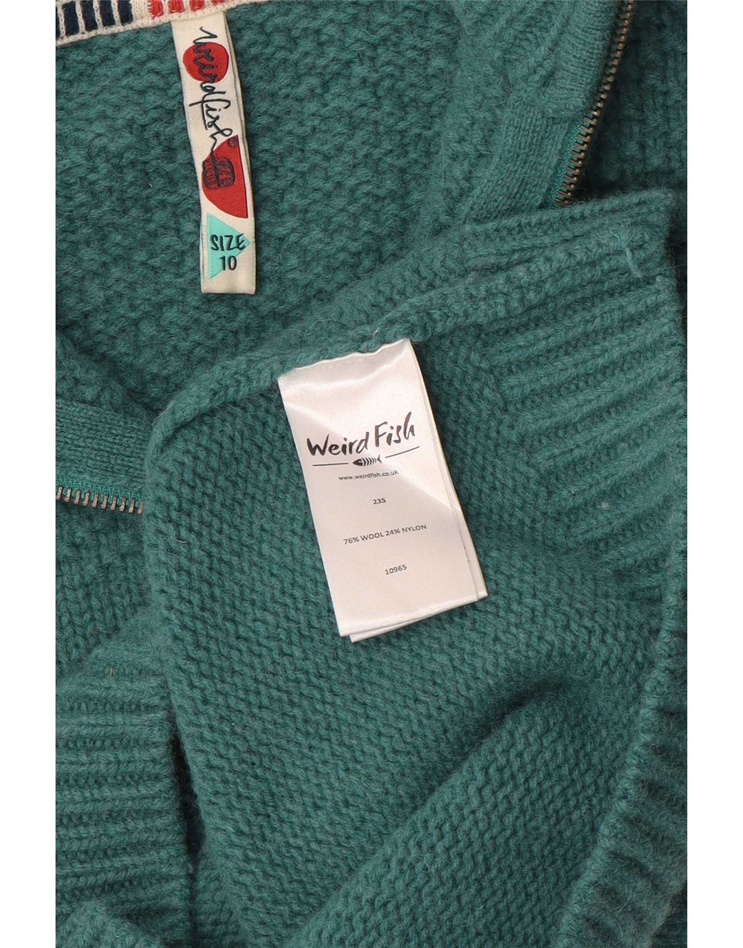Weird Fish Dame Zip Neck Jumper Sweater UK 10 Small Green Wool